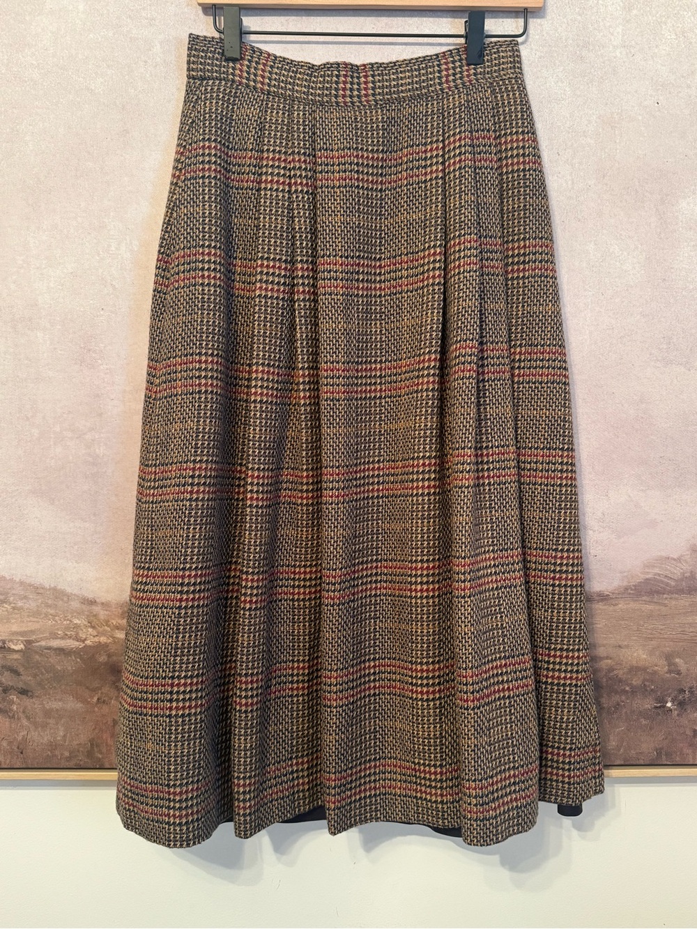 Evan- Picone midi wool Skirt brown and multi-color plaid pattern / Size